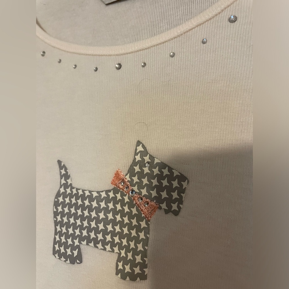 Cream Top with rhinestones & cute Dog Print